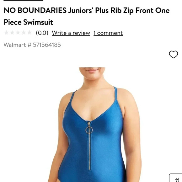 No Boundaries Juniors' Plus Size Rib Zip Front One Piece Swimsuit Royal Blue - Picture 11 of 16